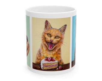 Kopia ceramicznego kubka z kotem piekarniczym, kotem z cynamonem, ciastem i wiśniowym ciastem (11 uncji, 15 uncji)