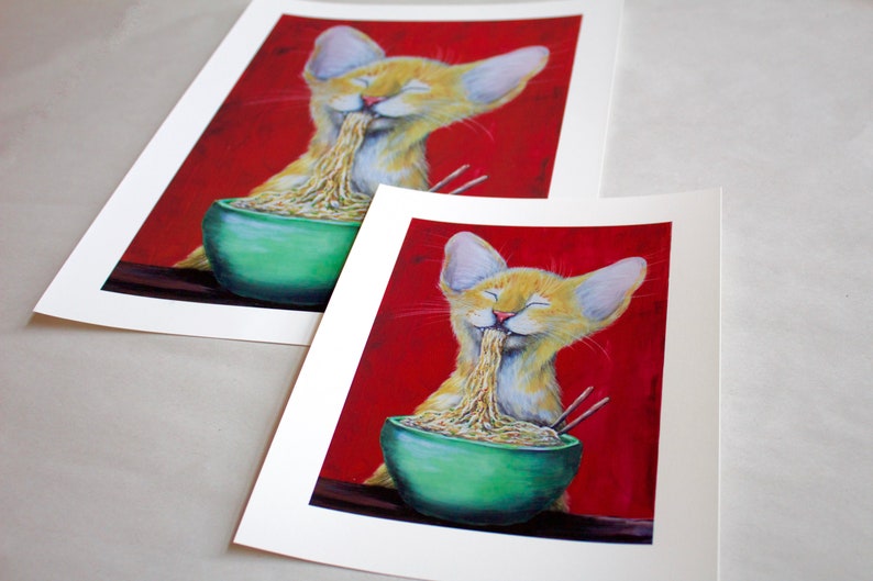 Cat Art Print | Noodle Cat Print, Cat lover prints, cat eating ramen, funny cat art, comical cat, trending art, giclee art print image 2