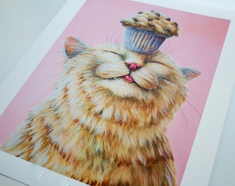 Lámina de gato / Gato muffin, serie de gatos de panadería, arte lindo de gatos, gatos y comida, gato gracioso