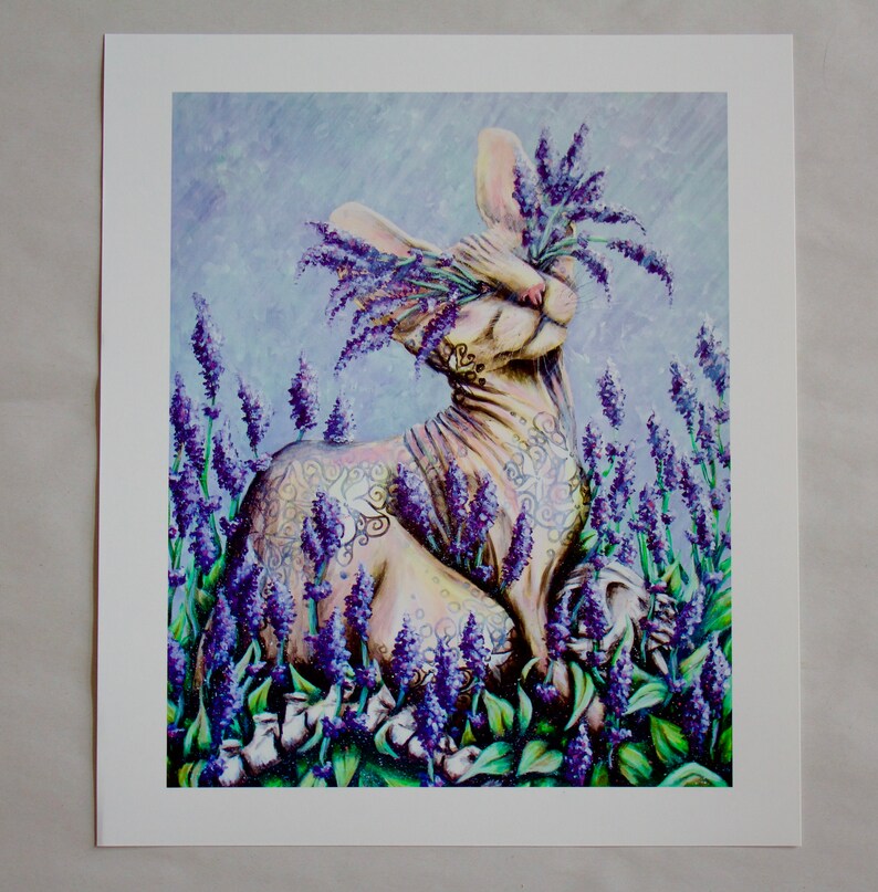 K&ouml;nnte beinhalten: Eine rosa haarlose Katze mit komplizierten T&auml;towierungen sitzt in einem Feld mit Lavendelbl&uuml;ten. Die Katze schaut nach oben und hat Lavendelbl&uuml;ten auf dem Kopf. Der Hintergrund ist helllila.