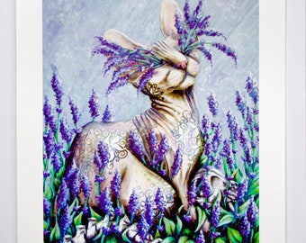Impresión artística de gato Sphynx / Impresión de lavanda, arte de gato Sphynx, ideas de regalos para amantes de los gatos, obras de arte de gatos, arte de tendencia, pintura de gatos