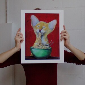 Cat Art Print | Noodle Cat Print, Cat lover prints, cat eating ramen, funny cat art, comical cat, trending art, giclee art print image 4