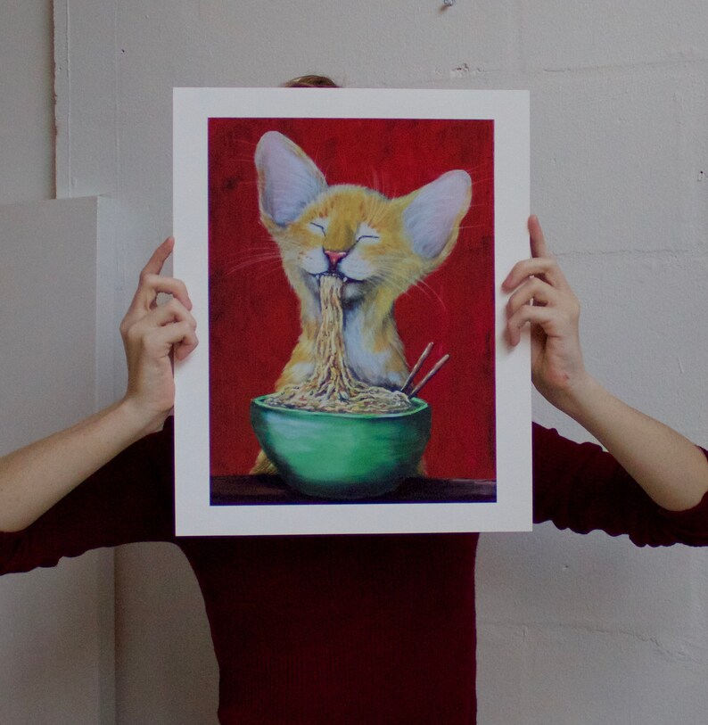 Cat Art Print | Noodle Cat Print, Cat lover prints, cat eating ramen, funny cat art, comical cat, trending art, giclee art print image 4