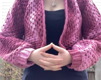 Pink Ombré Cardigan Sweater, Pink Cozy Cropped, Deep Pink/Dark Magenta Ombré, Finished Crochet Sweater