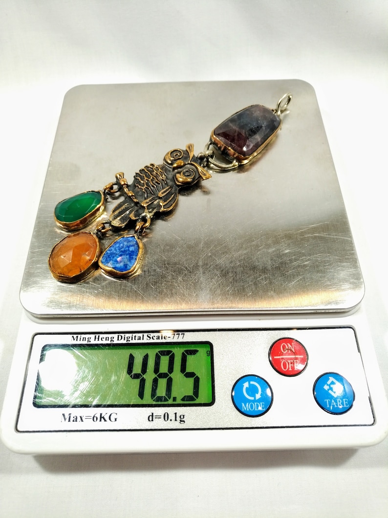 OWL sterling silver with bronze handmade Turkish natural SAPPHIRE LAPIS agate jade gem stone pendant Tribal antique unique fine necklace