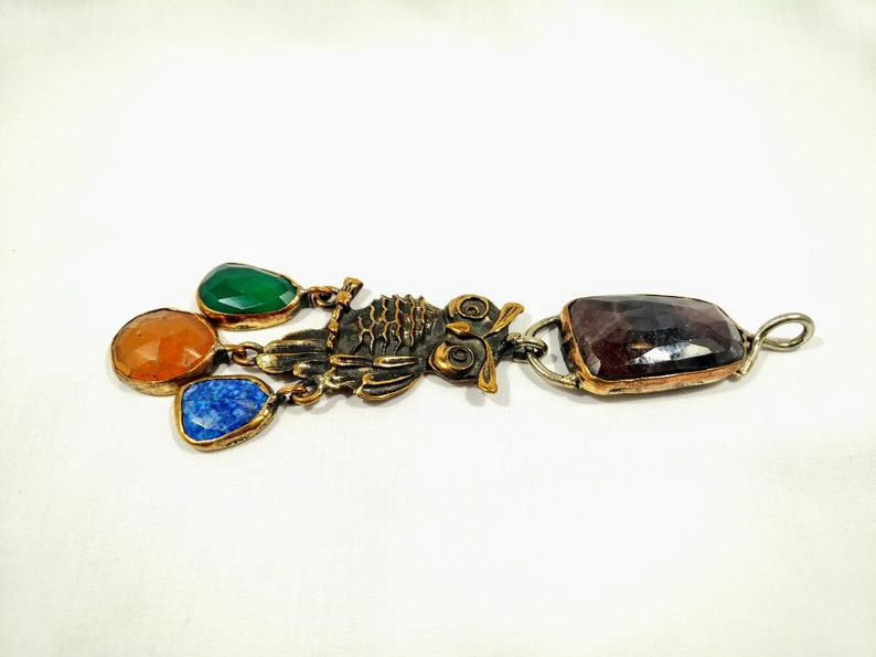 OWL sterling silver with bronze handmade Turkish natural SAPPHIRE LAPIS agate jade gem stone pendant Tribal antique unique fine necklace