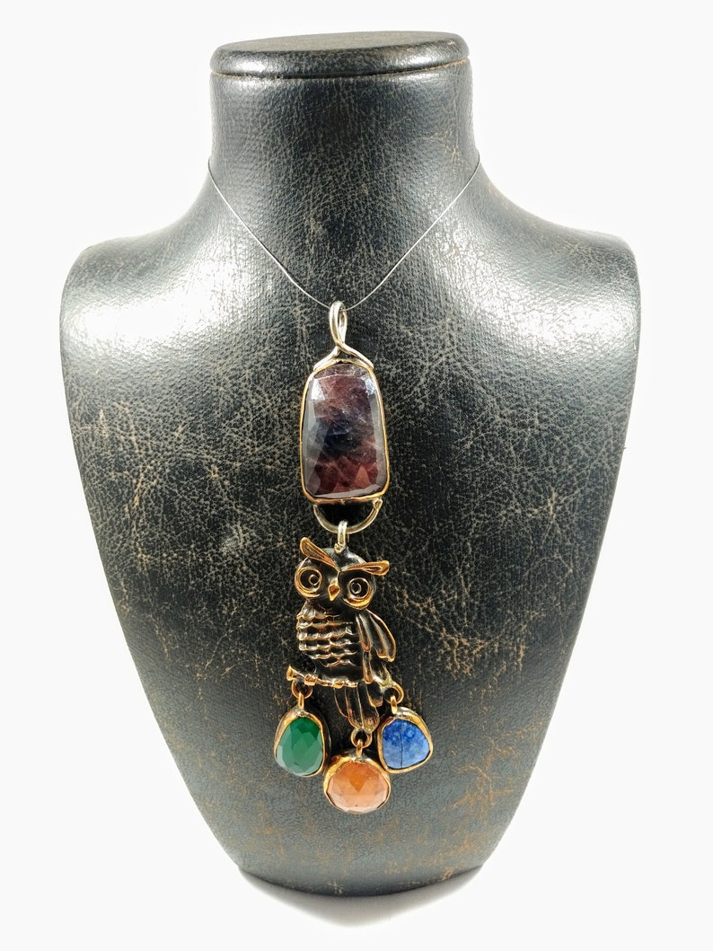 OWL sterling silver with bronze handmade Turkish natural SAPPHIRE LAPIS agate jade gem stone pendant Tribal antique unique fine necklace