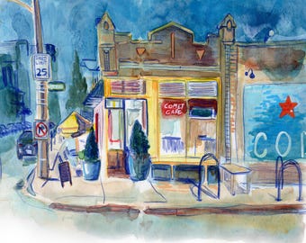 Comet Cafe Sketchbook Painting Print, East Side Architecture, Watercolor Gouache Art