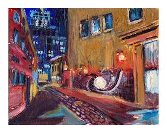 Downtown Alley After Dark Acrylic Painting Print, Milwaukee Architecture Plein Air Art