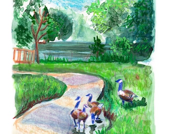 Geese Bird Art Print, Watercolor Gouache Mixed Media Painting