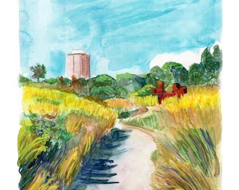 Riverside Park, Sketchbook Landscape Art Print, Traditional Watercolor and Acrylic Painting