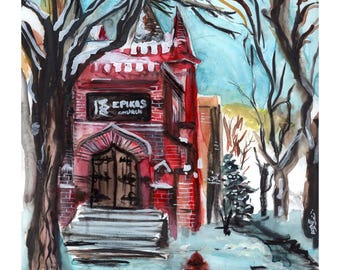 Epikos Church in the Snow Sketchbook Print, Milwaukee Architecture Plein Air Art