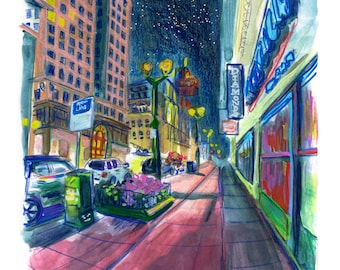 Downtown Milwaukee After Dark Sketchbook Print, Milwaukee Architecture Plein Air Art