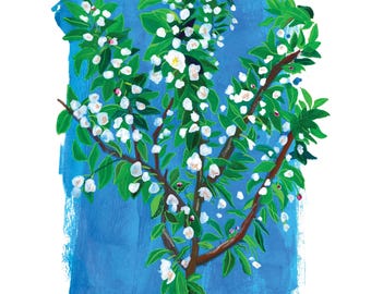 Spring Flowering Crabapple Tree, Sketchbook Floral Art Print, Traditional Watercolor and Acrylic Painting