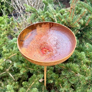 8” Rain Catcher Bird Bath, Outdoor Garden Decor, Rusty Flower Garden Stakes, Metal Yard Art, Rustic Garden Accent, Bird Feeder Bowl