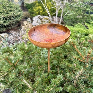 8” Rain Catcher Bird Bath, Outdoor Garden Decor, Rusty Flower Garden Stakes, Metal Yard Art, Rustic Garden Accent, Bird Feeder Bowl