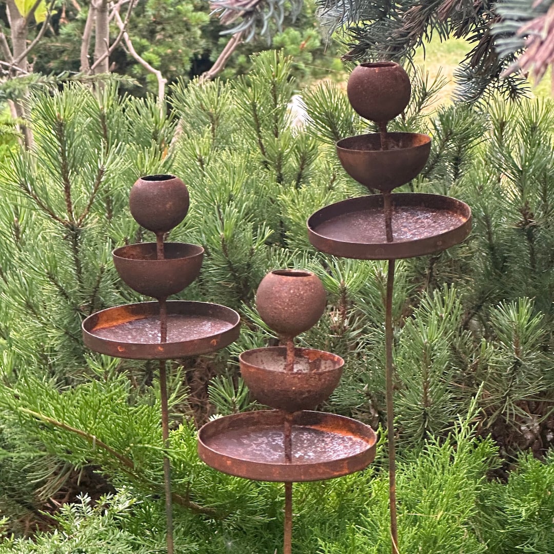 Bird Bath Outdoor Garden Decor, Rusty Flower Garden Stakes, Bird Bath Etsy