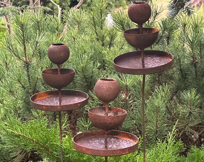 Featured listing image: Metal Rain Catchers, Bee Cups Outdoor Garden Decoration, Bees Garden Decoration, Butterfly Feeder, Water Station, Rusty Flower Garden Stakes