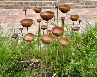 Rusty Flower Buds Set of 20, Metal Garden Stakes Decor, Outdoor Sculpture, Rustic Metal Rain Catchers