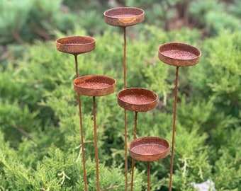 Rain Catcher Outdoor Garden Bowl Decor, Rusty Flower Garden Stakes, Bee & Butterfly Feeder Cups, Bees Water Station, Rustic Yard Art