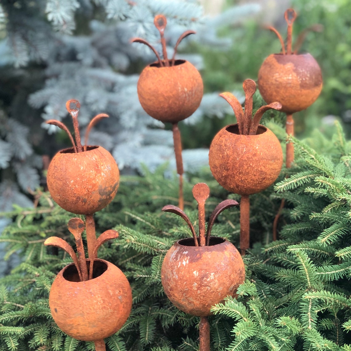 Rusty Flowers Set of 6 Rustic Garden Decor Metal Garden Etsy