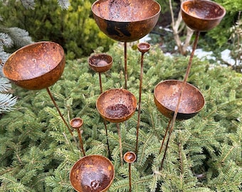Rusty flower buds set of 10, Garden stakes garden decor, Metal garden decor, Metal sculpture, Outdoor metal decor, Rusty metal rain catchers
