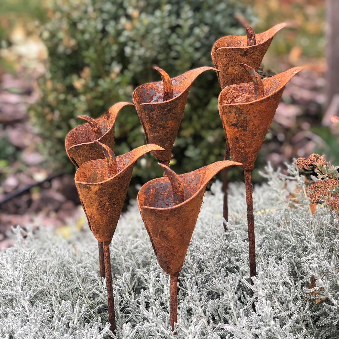Rusty Flowers Set of 6, Garden Stakes Garden Decor, Metal Garden Decor, Metal Yard Art, Outdoor