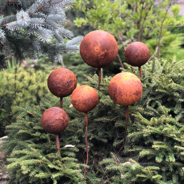 Rusty balls set of 6, Garden stakes garden decor, Metal garden decor, Metal yard art, Outdoor metal decor, Rusty metal garden sculpture