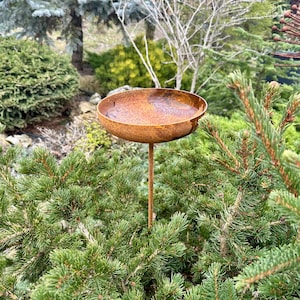 8” Rain Catcher Bird Bath, Outdoor Garden Decor, Rusty Flower Garden Stakes, Metal Yard Art, Rustic Garden Accent, Bird Feeder Bowl