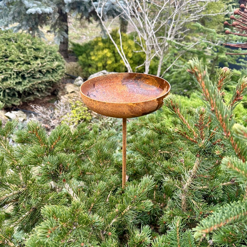 8” Rain Catcher Bird Bath, Outdoor Garden Decor, Rusty Flower Garden Stakes, Metal Yard Art, Rustic Garden Accent, Bird Feeder Bowl
