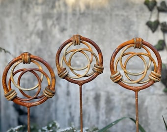Set of 3 Rustic Metal Garden Finials, Rusty Metal Stakes, Outdoor Garden Decor, Metal Yard Art, Vintage Garden Accents, Weathered Ornaments