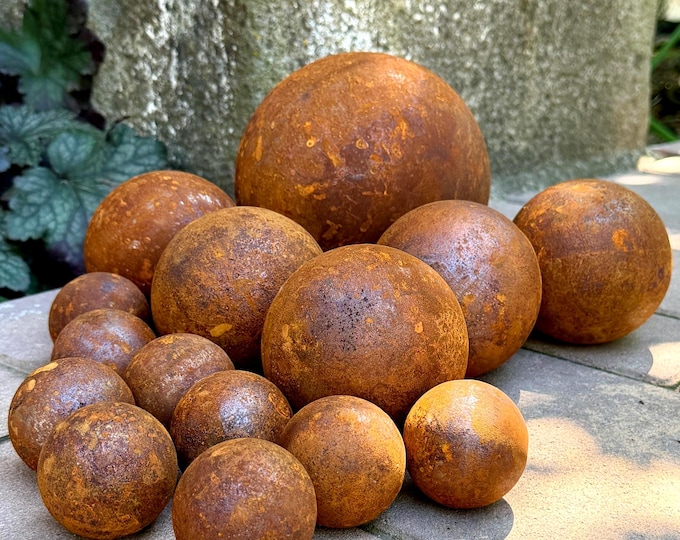 Featured listing image: Set of 15 Rusty Metal Spheres - Decorative Garden Orbs and Rustic Yard Art