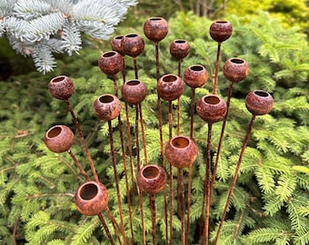 Rusty flower buds set of 20, Garden stakes garden decor, Metal garden decor, Metal sculpture, Outdoor metal decor, Rusty metal rain catchers