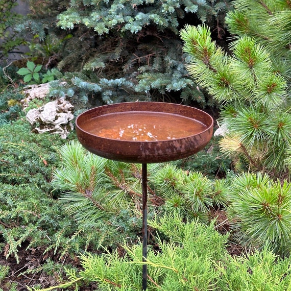8” Rain Catcher Bird Bath, Outdoor Garden Decor, Rusty Flower Garden Stakes, Metal Yard Art, Rustic Garden Accent, Bird Feeder Bowl