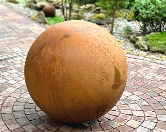 Large 27” Rustic Metal Garden Sphere – Handmade Weathered Steel Sculpture