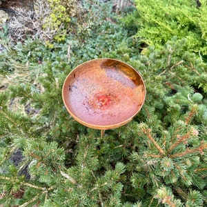 8” Rain Catcher Bird Bath, Outdoor Garden Decor, Rusty Flower Garden Stakes, Metal Yard Art, Rustic Garden Accent, Bird Feeder Bowl