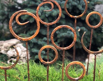 Rusty Finials Set of 9, Garden Stakes, Metal Garden Decor, Metal Yard Art, Outdoor Metal Accents, Weathered Rings, Rustic Garden Sculpture