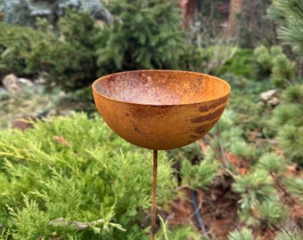 6” Rain Catcher Bird Bath, Rusty Flower Garden Stakes, Outdoor Garden Decor, Rustic Metal Yard Art, Handmade Rusty Garden Sculpture