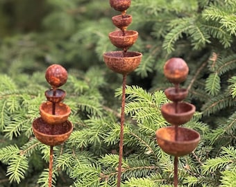 Tiny Rusty Flower Buds Set of 3, Garden Stakes, Metal Yard Art, Outdoor Garden Decor, Rustic Metal Sculpture, Rusty Rain Catchers