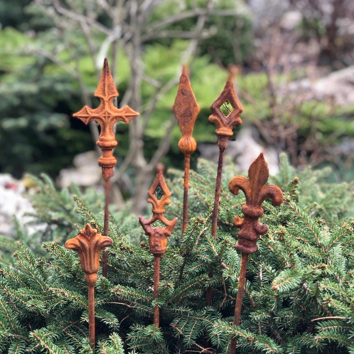 Rusty Finials Set of 6 Garden Stakes Garden Decor Metal Etsy