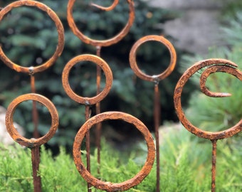 Rusty Finials Set of 7, Garden Stakes, Metal Garden Decor, Metal Yard Art, Outdoor Metal Accents, Rustic Metal Rings, Weathered Sculpture