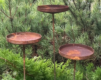Rusty Metal Flower Garden Stakes, Rain Catchers, Outdoor Bee Feeders