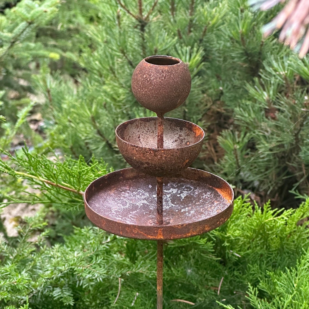 Bird Bath Outdoor Garden Decor, Rusty Flower Garden Stakes, Bird Bath Etsy