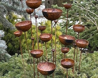 Rusty flower buds set of 20, Garden stakes garden decor, Metal garden decor, Metal sculpture, Outdoor metal decor, Rusty metal rain catchers