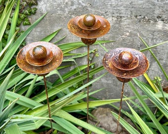 Tiny Rusty Flower Buds Set of 3, Garden Stakes, Metal Yard Art, Outdoor Garden Decor, Rustic Metal Sculpture Rusty Rain Catchers Unique Gift