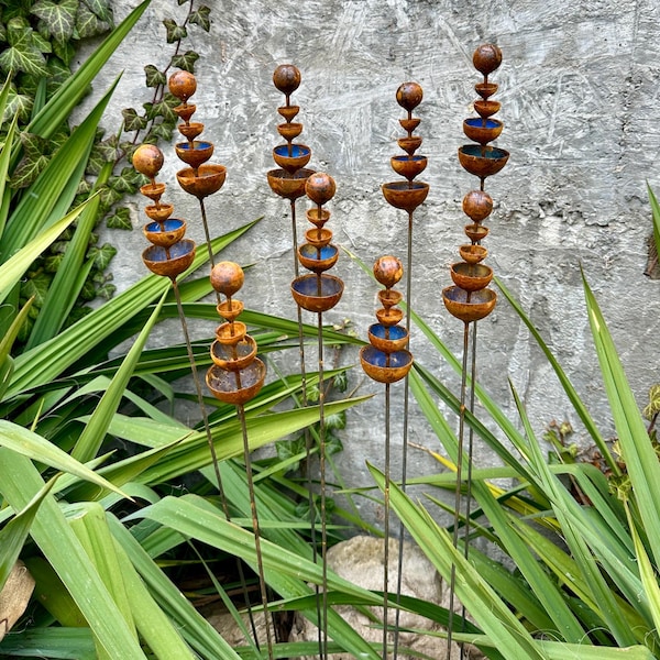 Rusty Metal Finials Set of 3 Garden Stakes Weathered Outdoor Yard Sculpture