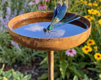 8" Rusty Rain Catcher Bird Bath Metal Flower Stakes Outdoor Rustic Yard Art