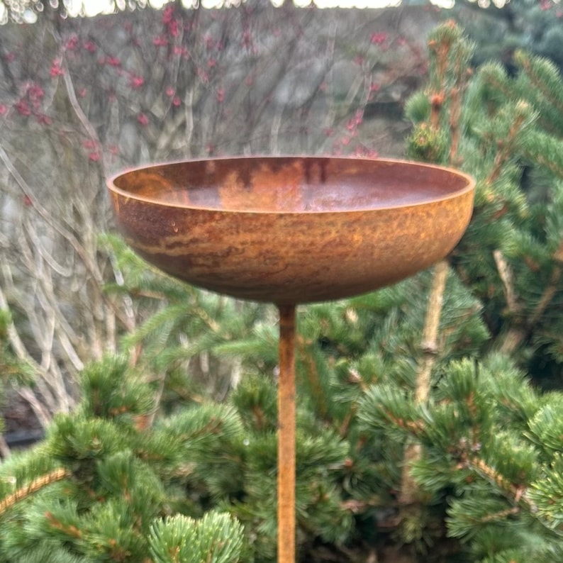 8” Rain Catcher Bird Bath, Outdoor Garden Decor, Rusty Flower Garden Stakes, Metal Yard Art, Rustic Garden Accent, Bird Feeder Bowl