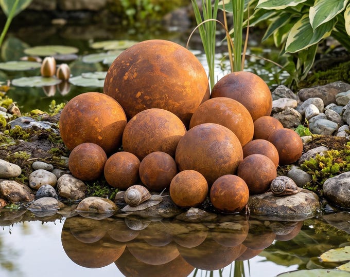 Featured listing image: Set of 15 Rusty Metal Spheres - Decorative Garden Orbs and Rustic Yard Art