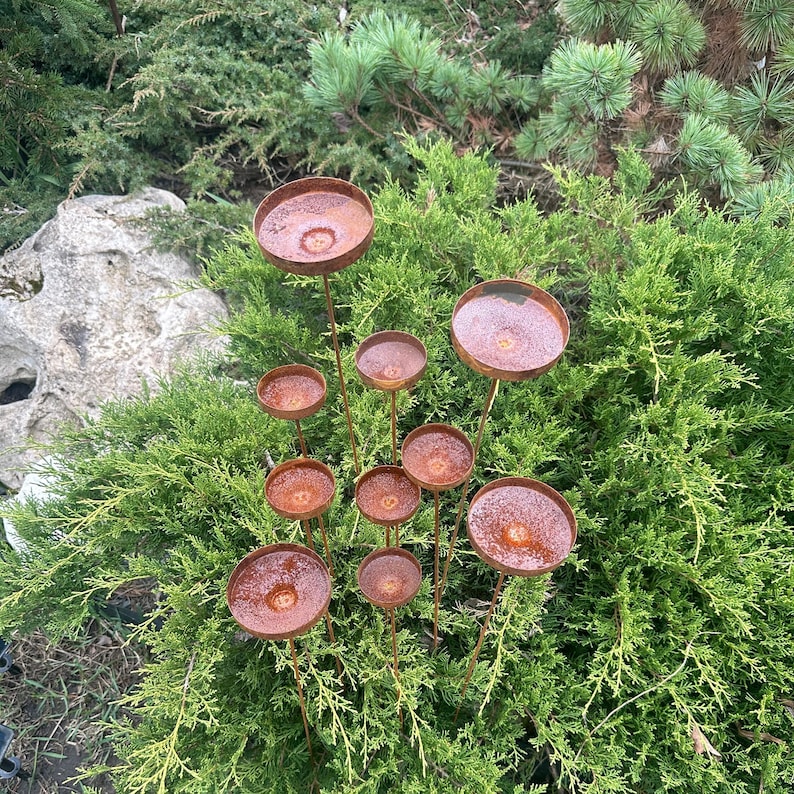 Rain Catcher Outdoor Garden Decor, Rusty Flower Garden Stakes, Yard Art, Bee Feeder, Rustic Metal Bowl for Birds and Pollinators